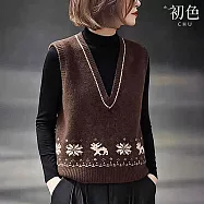 【初色】復古提花寬鬆V領無袖針織上衣馬甲坎肩背心女背心-咖色-18915(F可選) F 咖色