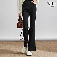 【初色】簡約通勤風純色寬鬆顯瘦鬆緊腰休閒微喇叭褲長褲-黑色-19052(M-2XL可選) M 黑色
