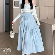 【初色】甜美風純色氣質收腰顯瘦褶皺A字大裙襬中長裙半身裙-共3色-18869(M-XL可選) M 天藍色
