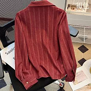 【初色】復古港風純色翻領寬鬆長袖條紋襯衫上衣女上衣-紅色-18840(M-2XL可選) M 紅色