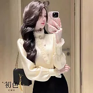 【初色】法式簡約蕾絲高領鈕扣燈籠袖長袖襯衫上衣女上衣-共2色-18781(M-2XL可選) M 杏色