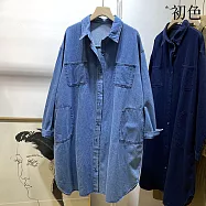 【初色】棉麻風純色翻領中長款單排釦口袋牛仔長袖襯衫外套女外套-共2色-18797(L-XL可選) L 淺藍色