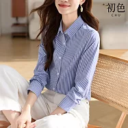 【初色】韓系通勤風條紋寬鬆翻領長袖單排釦襯衫上衣女上衣-共2色-18702(M-2XL可選) M 藍白條紋