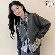 【初色】簡約休閒寬鬆大碼假兩件翻領開叉條紋落肩長袖襯衫上衣女上衣-灰色-18693(M-4XL可選) M 灰色