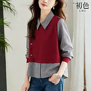 【初色】休閒風拼接撞色格紋假兩件裝飾排扣POLO領長袖內搭打底襯衫上衣女上衣-共3色-18691(M-4XL可選) M 紅色