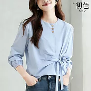 【初色】純色簡約圓領不規則設計蝴蝶結綁帶長袖襯衫上衣女上衣-共3色-18668(M-2XL可選) M 淺藍色
