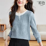 【初色】休閒風波浪肌理感拼接撞色假兩件圓領長袖T恤上衣女上衣-淺藍色-18713(M-2XL可選) M 淺藍色