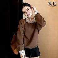 【初色】通勤風假兩件襯衫領拼接條紋長袖顯瘦衛衣上衣女上衣-共2色-18655(M-2XL可選) M 咖色