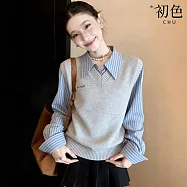 【初色】簡約休閒針織毛衣馬甲背心+翻領條紋長袖襯衫女上衣-灰色-18656(M-2XL可選) M 灰色