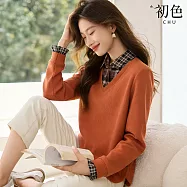 【初色】復古學院風假兩件格紋襯衫拼接翻領長袖大學T上衣女上衣-共3色-18671(M-4XL可選) M 橘色