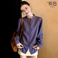 【初色】法式氣質純色圓領長袖排釦顯瘦襯衫上衣女上衣-深紫色-18659(M-XL可選) M 深紫色