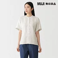 【MUJI 無印良品】女亞麻水洗短袖套衫 M 柔白直紋