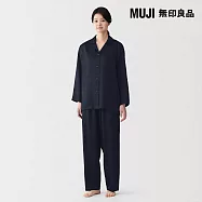 【MUJI 無印良品】女柔滑緞面長袖家居睡衣 S 暗藍