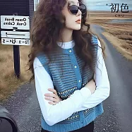 【初色】法式撞色圓領緹花單排釦無袖針織馬甲背心女背心-藍色-18811(F可選) F 藍色