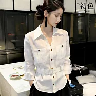 【初色】通勤風純色翻領收腰單排釦A字袖上衣女上衣-白色-18834(M-2XL可選) M 白色