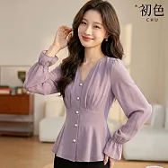 【初色】法式小香風氣質純色單排扣V領長袖雪紡襯衫上衣女上衣-紫色-18789(M-XL可選) M 紫色