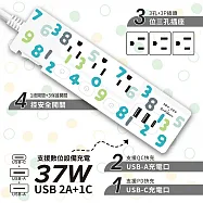 【正版授權】SOU‧SOU PD 37W平貼式延長線 按壓式4開3插+USB/Type-C延長線 1.8M 十數昆