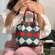 【素包包】手提包 撞色拼接幾何針織編織繩索手提水桶包(95040) _菱格紅綠