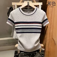 【初色】通勤風撞色條紋圓領短袖修身顯瘦針織打底上衣女上衣-灰色-19153(F可選) F 灰色