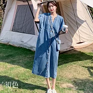 【初色】港風純色V領寬鬆排扣短袖直筒牛仔連衣裙連身洋裝-共2色-19252(M-XL可選) M 淺藍色
