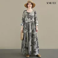 【AMIEE】波西米亞印花棉麻連衣裙洋裝(KDDY-5065) FREE 深灰