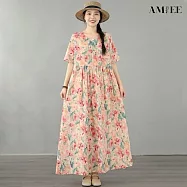 【AMIEE】波西米亞花彩棉麻連衣裙洋裝(KDDY-5265) FREE 粉色花