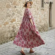 【AMIEE】水墨畫藝棉麻連衣裙洋裝(KDDY-6072) FREE 灰底紅花