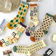 【AnZa】設計款菱格幾何花磚中筒襪短襪(5入組) 5入圖片色