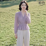 【初色】法式輕奢風V領長袖單排釦褶皺雪紡襯衫上衣女上衣+純色休閒褲長褲套裝-紫衣白褲-18800(M-2XL可選) M 紫衣白褲