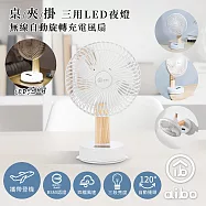 aibo 桌/夾/掛三用 LED夜燈 無線自動旋轉充電風扇