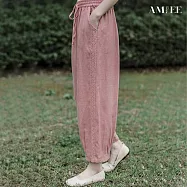 【AMIEE】復古風花邊拼接棉麻九分哈倫褲(KDPY-K262) M 粉色