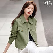 【初色】工裝風簡約休閒寬鬆修身翻領排扣長袖夾克外套女外套-共2色-18703(L-3XL可選) L 綠色