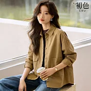 【初色】復古簡約純色翻領排扣寬鬆落肩長袖襯衫外套女外套-共2色-18673(M-3XL可選) M 咖色