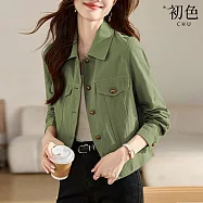 【初色】通勤風寬鬆短款純色單排釦翻領長袖工裝外套女外套-共2色-18674(L-3XL可選) L 綠色