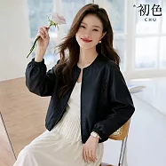 【初色】美式復古圓領拉鍊長袖短款機車皮衣夾克外套女外套-黑色-18684(M-XL可選) M 黑色