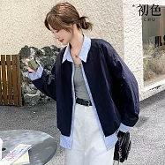 【初色】韓系翻領長袖拉鍊假兩件襯衫工裝夾克外套女外套-藏青色-18689(M-2XL可選) M 藏青色