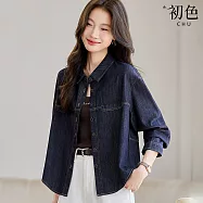 【初色】復古簡約休閒寬鬆翻領排扣長袖牛仔夾克襯衫外套女外套藍色-18798(M-XL可選) M 藍色