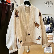 【初色】棉麻風寬鬆V領刺繡九分袖單釦外套女外套-麻色-14934(M-2XL可選) M 麻色