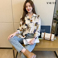 【AMIEE】港風設計感印花雪紡紗襯衫上衣(KDTY-3319) M 杏色