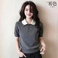 【初色】簡約通勤風娃娃領短袖收腰針織衫上衣女上衣-灰色-19105(F可選) F 灰色
