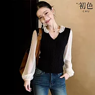 【初色】法式假兩件撞色荷葉邊長袖襯衫上衣女上衣-黑白色-19227(M-XL可選) M 黑白色