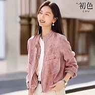 【初色】亞麻風肌理感立領拉鍊長袖短版工裝夾克寬鬆外套女外套-粉色-19251(M-2XL可選) M 粉色