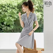 【初色】通勤風純色假兩件修身顯瘦翻領短袖西裝短裙連衣裙-藍灰色-19130(M-2XL可選) M 藍灰色