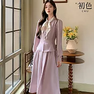【初色】輕奢風蝴蝶結領收腰燈籠袖假兩件襯衫連衣裙中長裙連身洋裝-淺紫色-19132(M-2XL可選) M 淺紫色