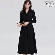 【初色】法式復古風純色V領壓褶排扣長袖顯瘦連衣裙連身洋裝長洋裝-黑色-19126(M-2XL可選) M 黑色