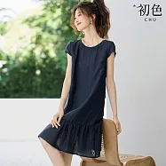 【初色】波西米亞風純色釘珠薄紗短袖中長裙連衣裙連身洋裝長裙-藏青色-19127(M-2XL可選) M 藏青色