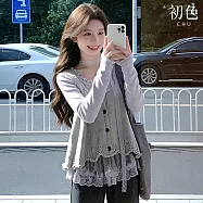 【初色】溫柔風針織圓領飄帶蕾絲長袖女上衣+排扣馬甲背心套裝-灰色-19071(F可選) F 灰色