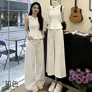 【初色】法式氣質娃娃領無袖修身上衣+簡約直筒純色休閒褲寬褲長褲套裝-白色-19074(M-XL可選) M 白色