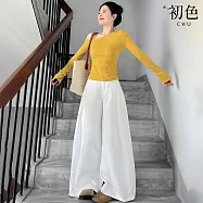 【初色】簡約休閒圓領合身長袖T恤上衣女上衣+拉鍊扣闊腿寬褲長褲套裝-黃衣白褲-19122(M-2XL可選) M 黃衣白褲