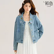 【初色】復古風休閒韓版刺繡撞色單排釦翻領長袖牛仔外套女外套-藍色-19135(M/L可選) M 藍色